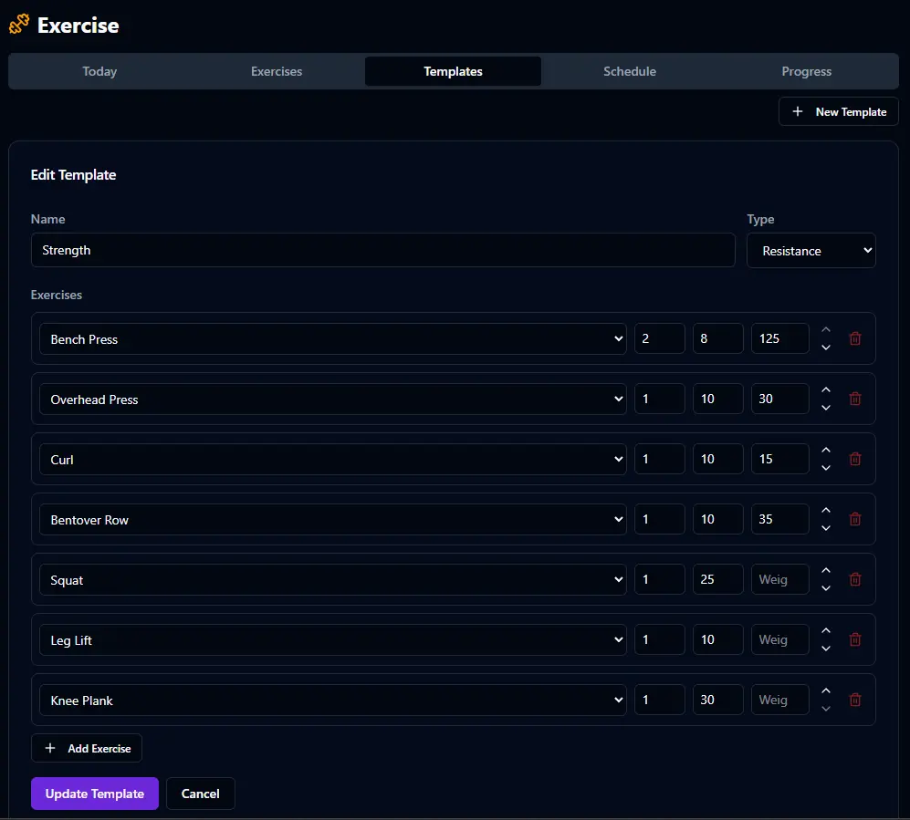 Editing a workout template in BitHustle with exercises, sets, reps, and weights