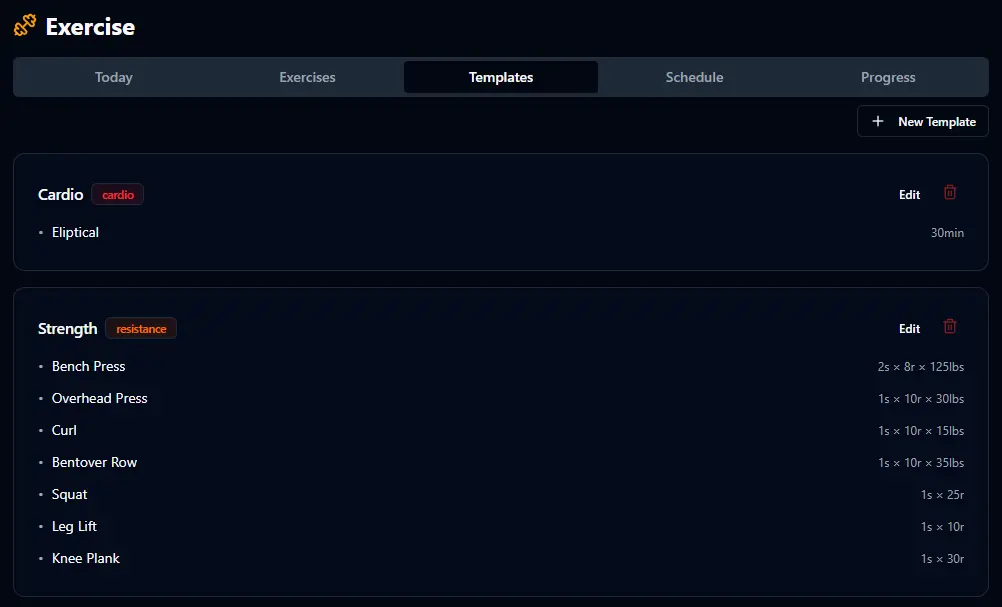 BitHustle workout templates showing Cardio and Strength templates with exercises