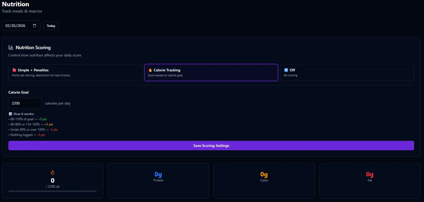 BitHustle calorie mode showing daily calorie target configuration and scoring