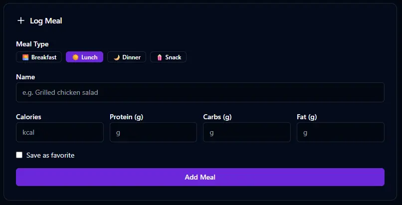 BitHustle meal logging with calories, protein, carbs, fat, and meal type