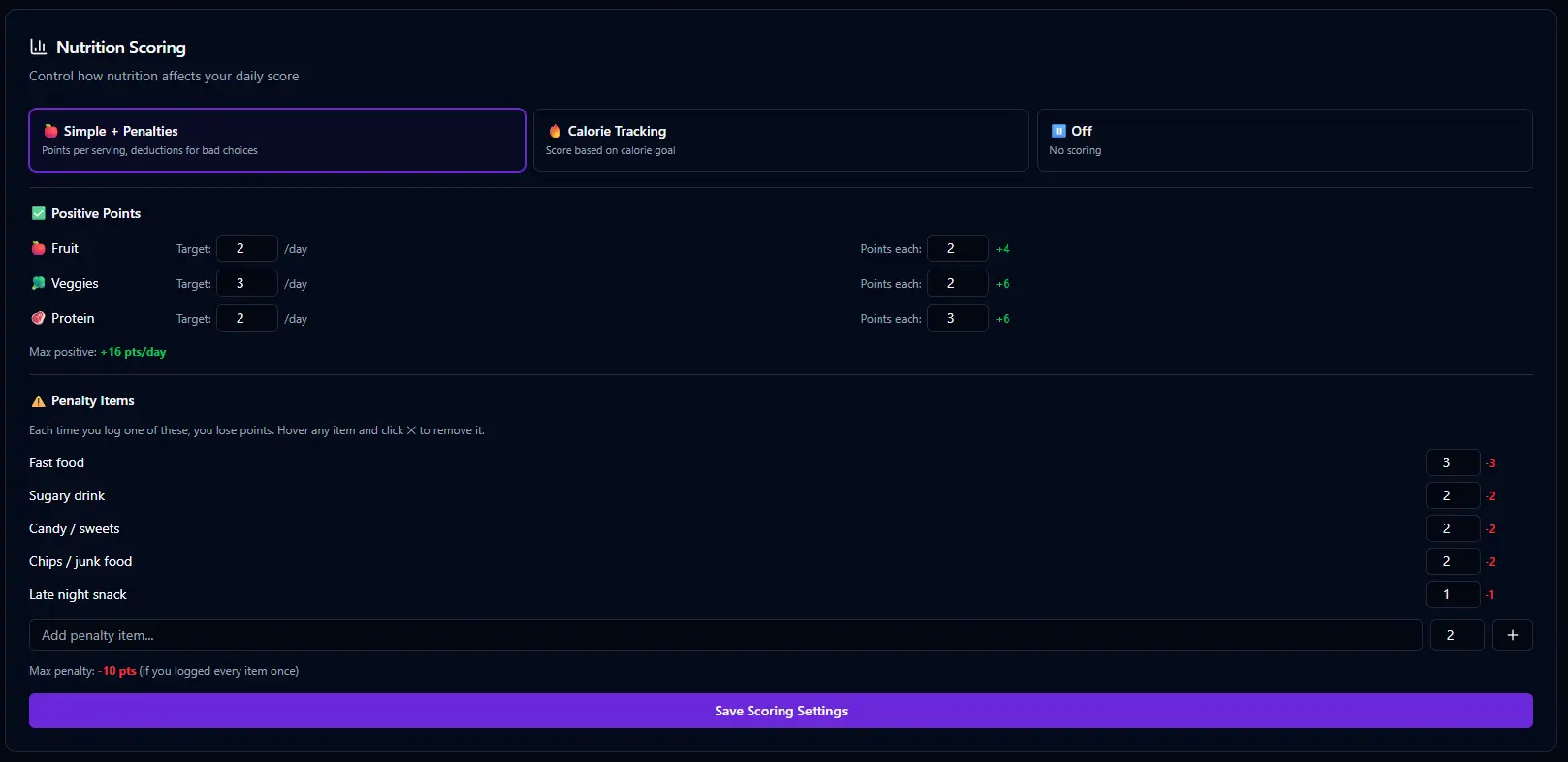 BitHustle nutrition simple mode showing positive points for fruits, vegetables, protein and penalty items