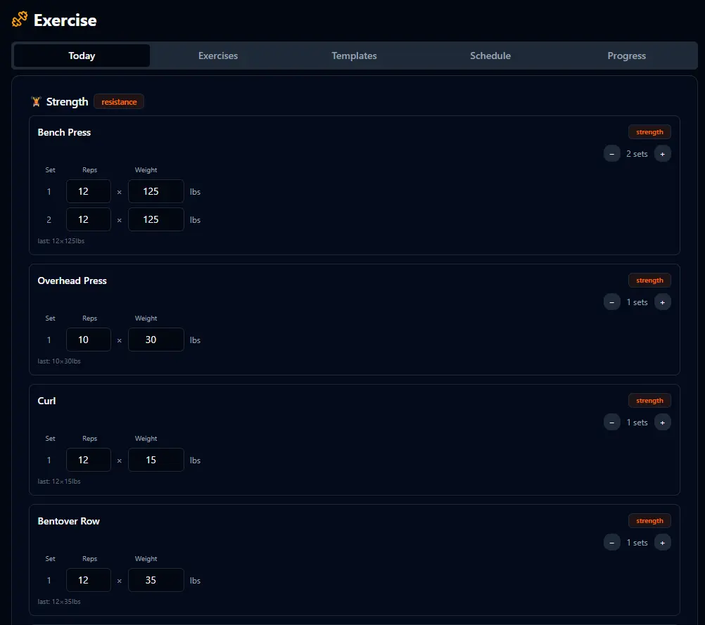 BitHustle Exercise page showing today's workout with sets, reps, and weight entry for each exercise