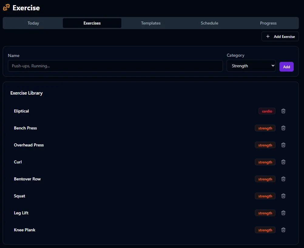 BitHustle Exercise Library showing list of exercises with categories