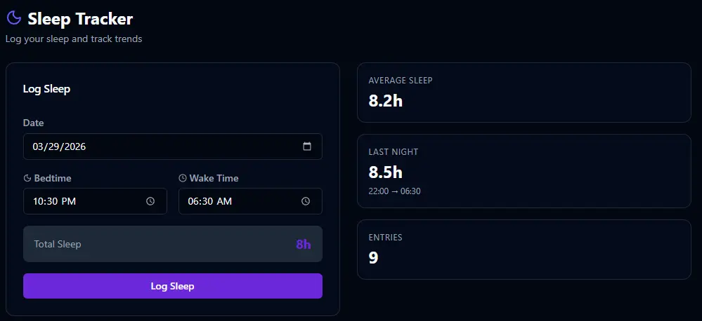 BitHustle Sleep Tracker showing sleep log form, average sleep, history chart, and recent entries