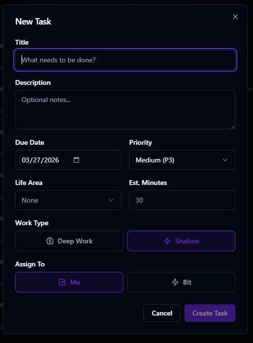 Creating a new task in BitHustle with two-date scheduling, points, and project linking