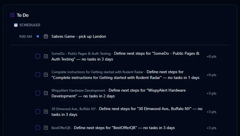 BitHustle dashboard showing today's tasks with checkboxes and point values