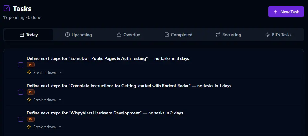 BitHustle Tasks page showing today's tasks, upcoming, overdue, completed, and recurring tasks