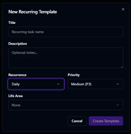 Setting up a recurring task template in BitHustle