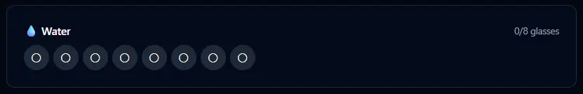 BitHustle dashboard hydration card before any water logged — zero glasses