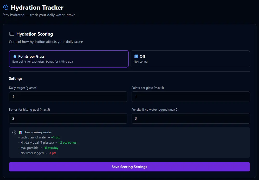 BitHustle hydration setup showing daily glass target, points per glass, goal bonus, and zero penalty